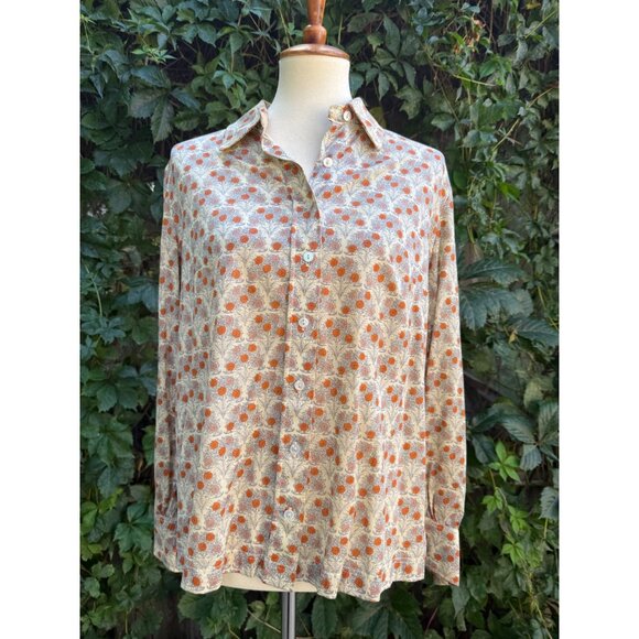 70s Bleyle Ditzy Floral Blouse 100% Cotton Button-Up Shirt Ivory Orange Carnatio - Picture 2 of 12
